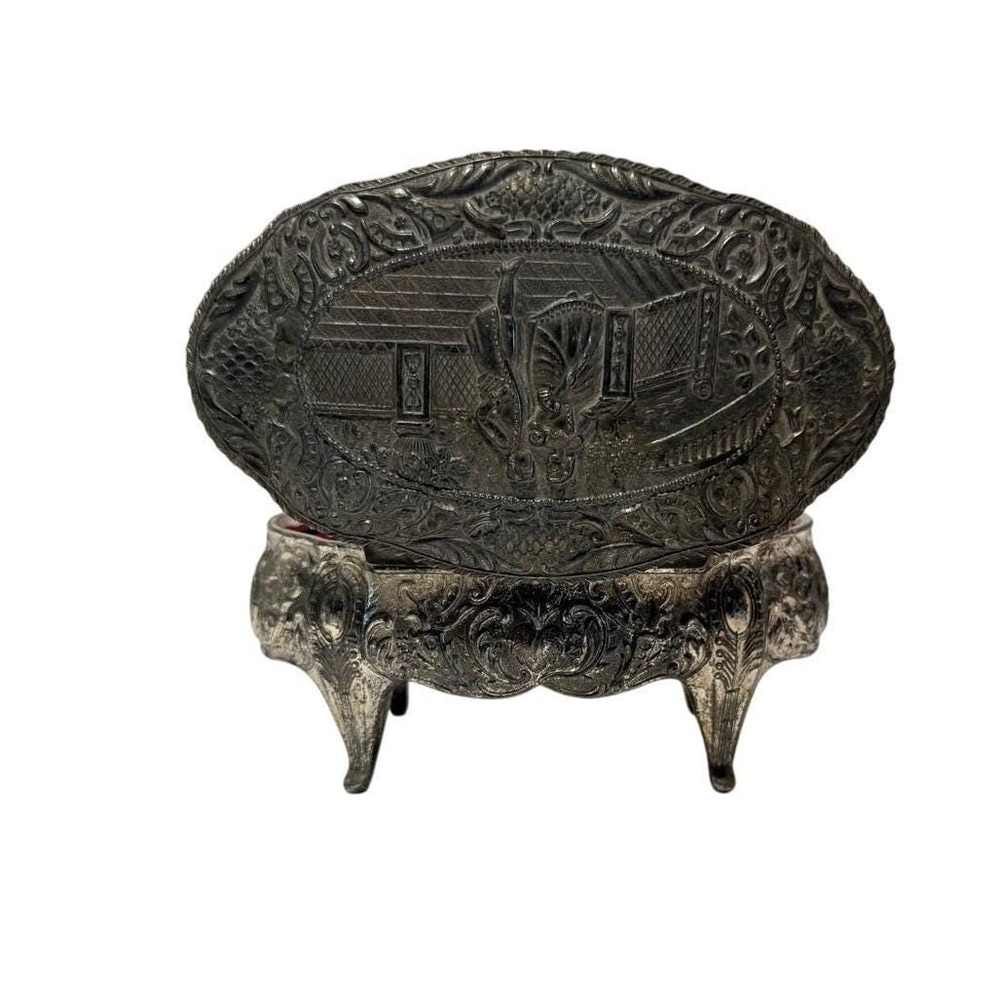 Vintage Silver Tone Oval Footed Jewelry Trinket  Box Courting Couple Victorian - Picture 16 of 16